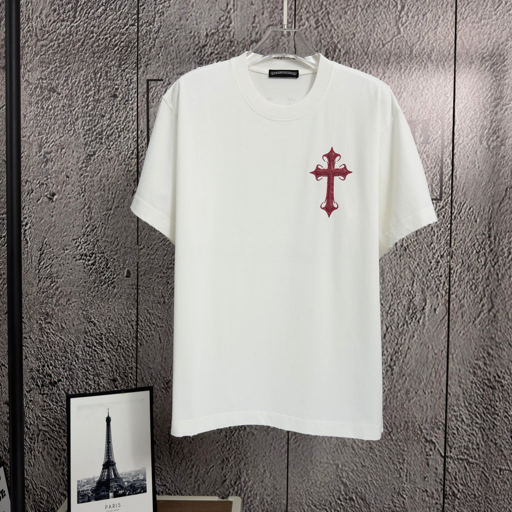 White short-sleeve T-shirt with red cross chest graphic