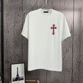 White short-sleeve T-shirt with red cross chest graphic
