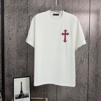 White short-sleeve T-shirt with red cross chest graphic