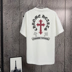 White short-sleeve T-shirt with large back red cross graphic