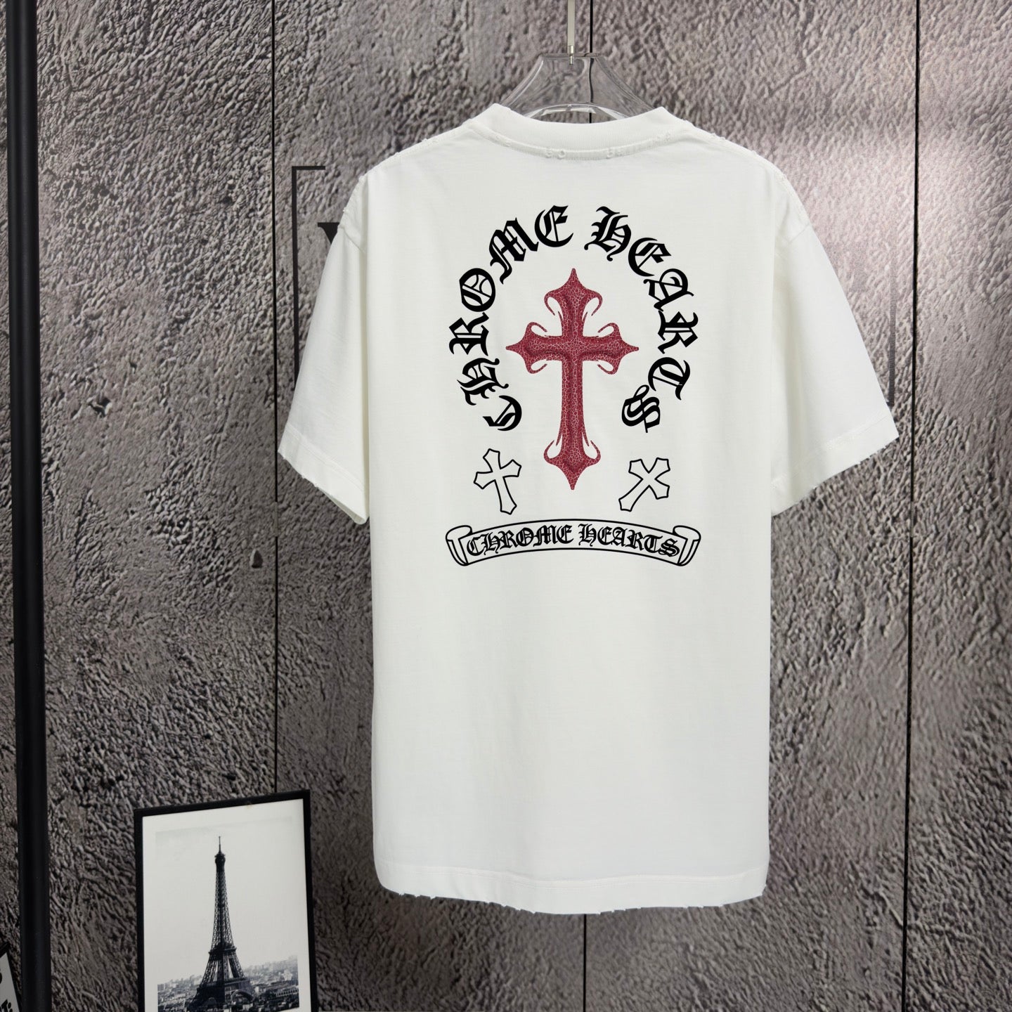 White short-sleeve T-shirt with large back red cross graphic