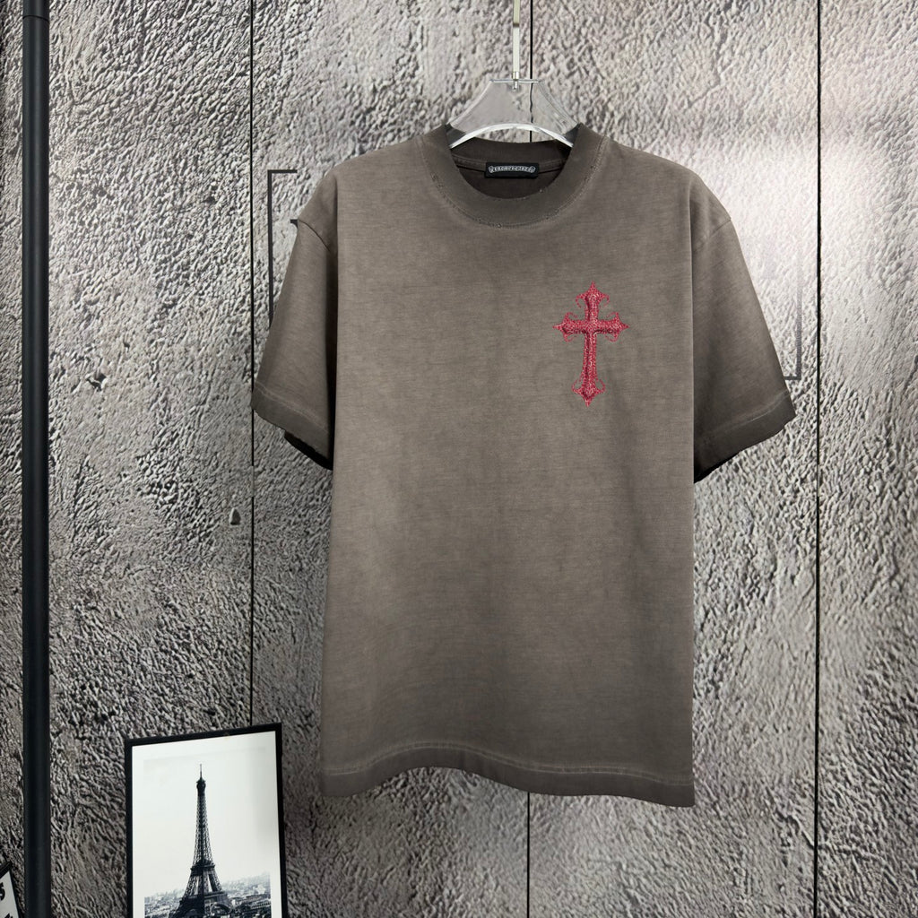 Gray short-sleeve T-shirt with red cross chest graphic