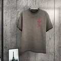 Gray short-sleeve T-shirt with red cross chest graphic