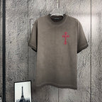 Gray short-sleeve T-shirt with red cross chest graphic