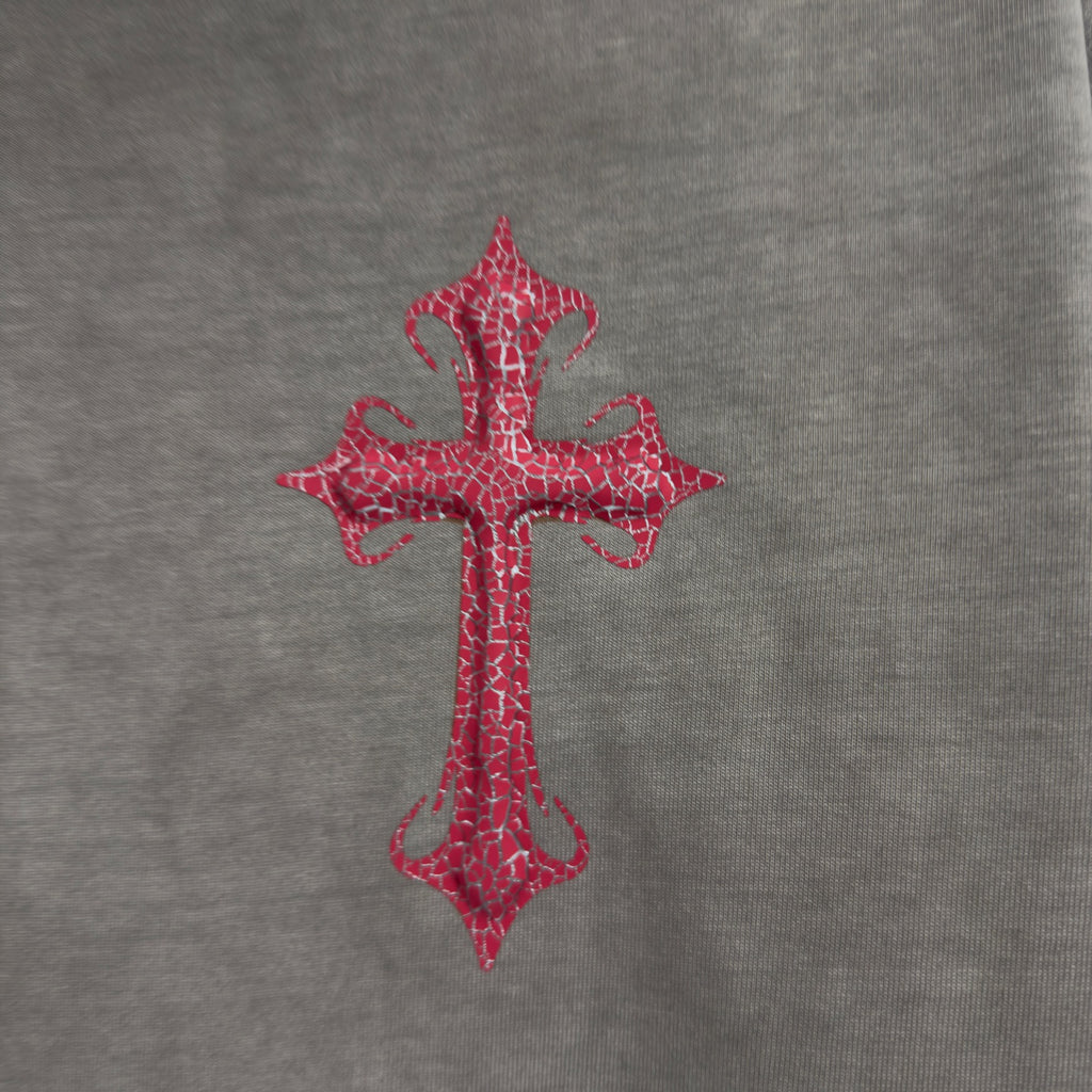 Gray short-sleeve T-shirt with red cross graphic