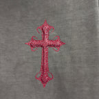 Gray short-sleeve T-shirt with red cross graphic
