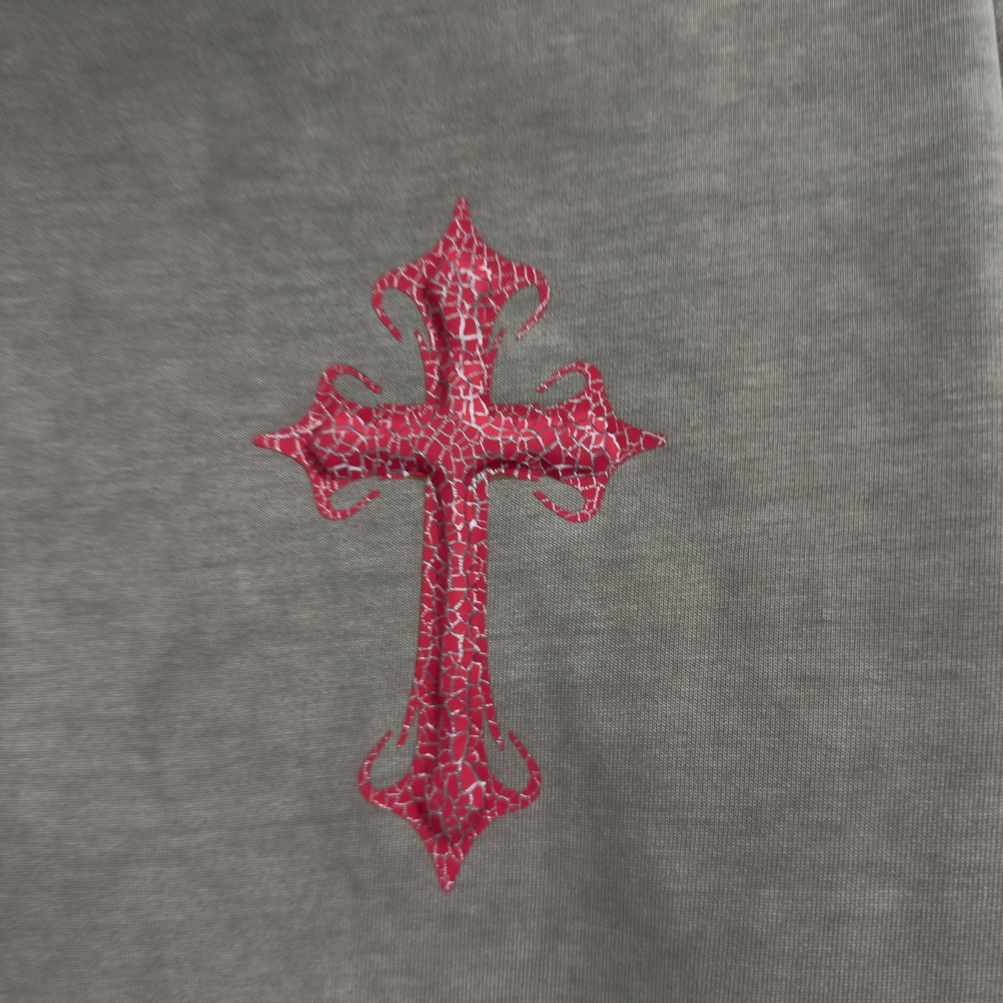 Gray short-sleeve T-shirt with red cross graphic