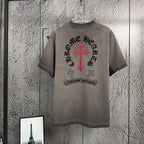 Gray short-sleeve T-shirt with large red cross and black back print