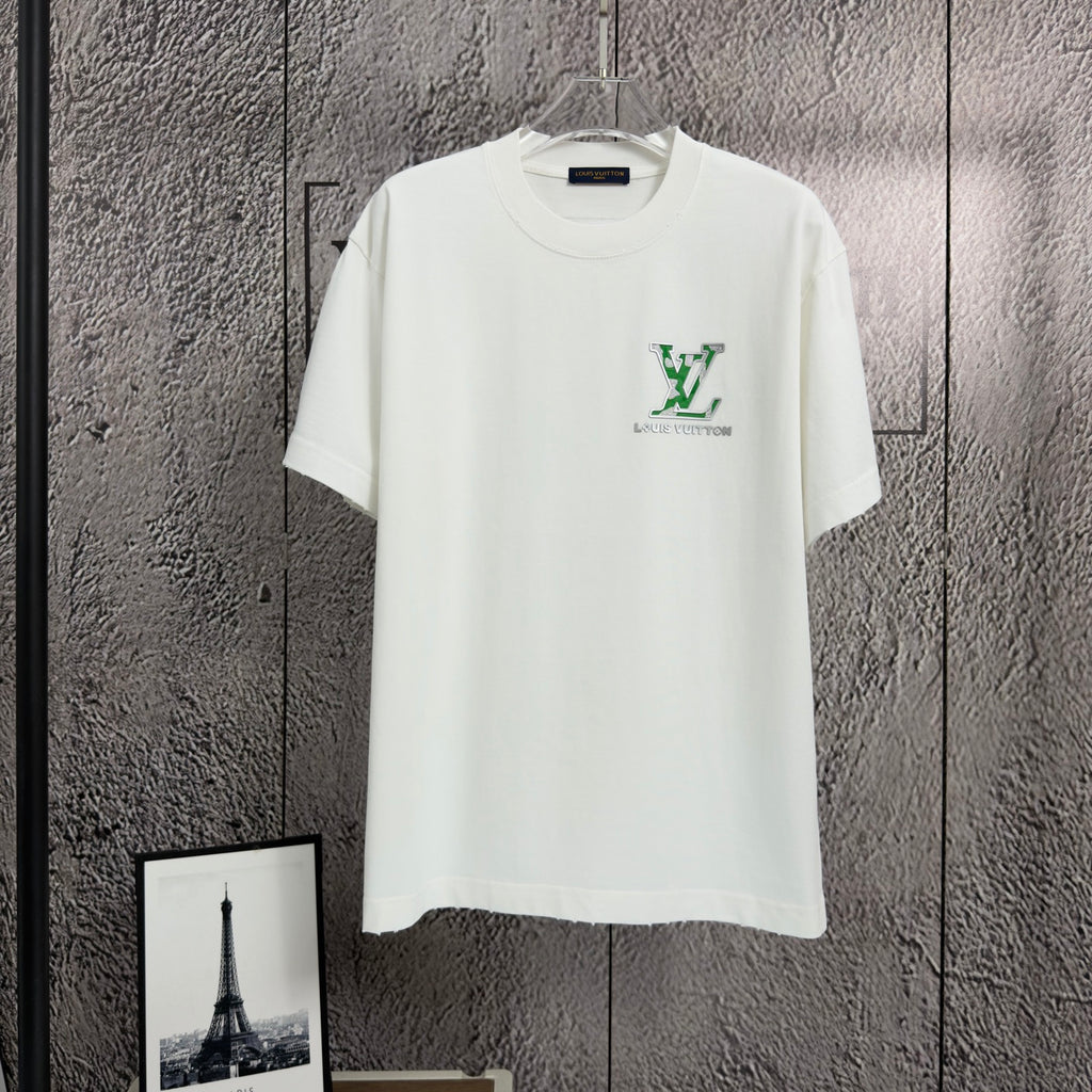 White short-sleeve T-shirt with green logo graphic on front