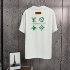 White short-sleeve T-shirt with green and gold logo graphic on back