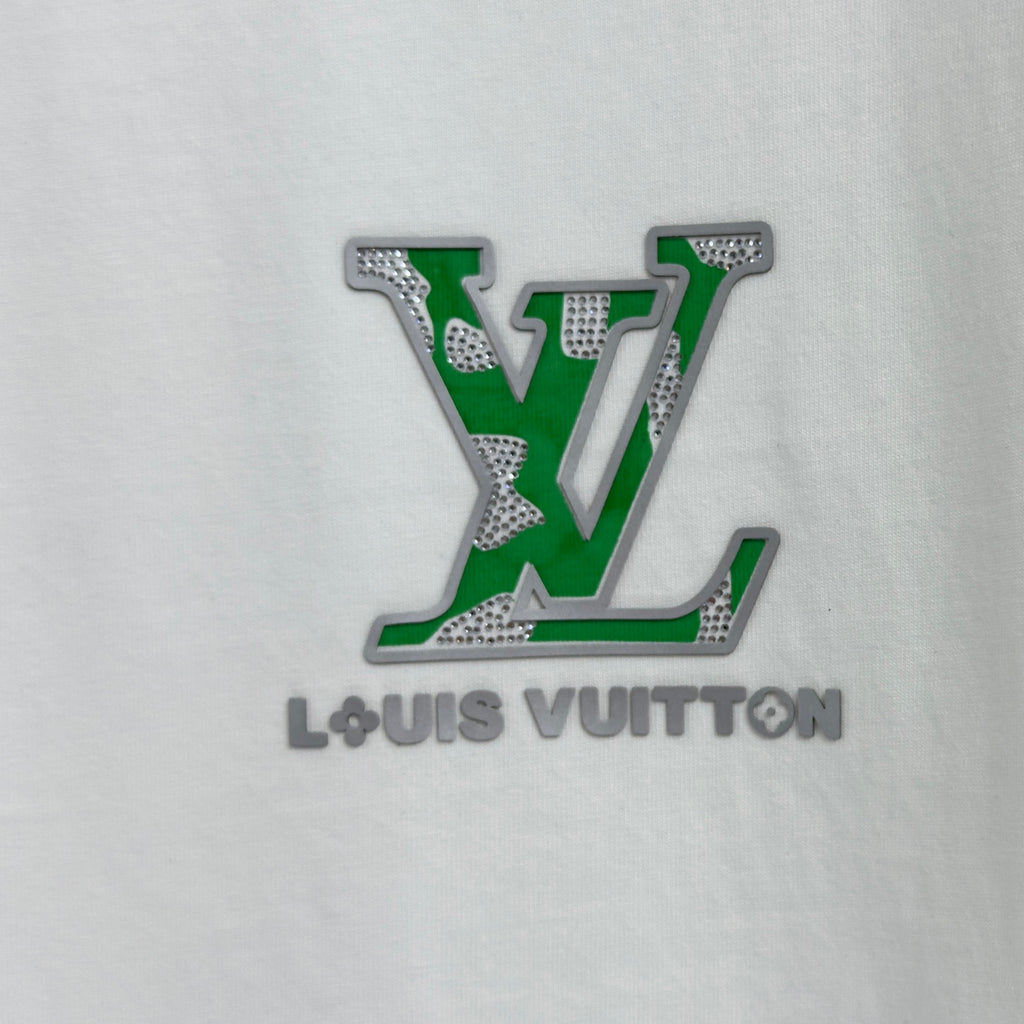 White T-shirt chest with large green and white LV logo applique
