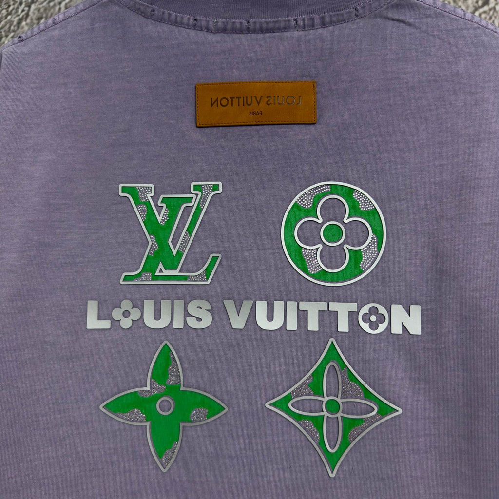 Lavender Louis Vuitton T-shirt with back large green flower and LV print