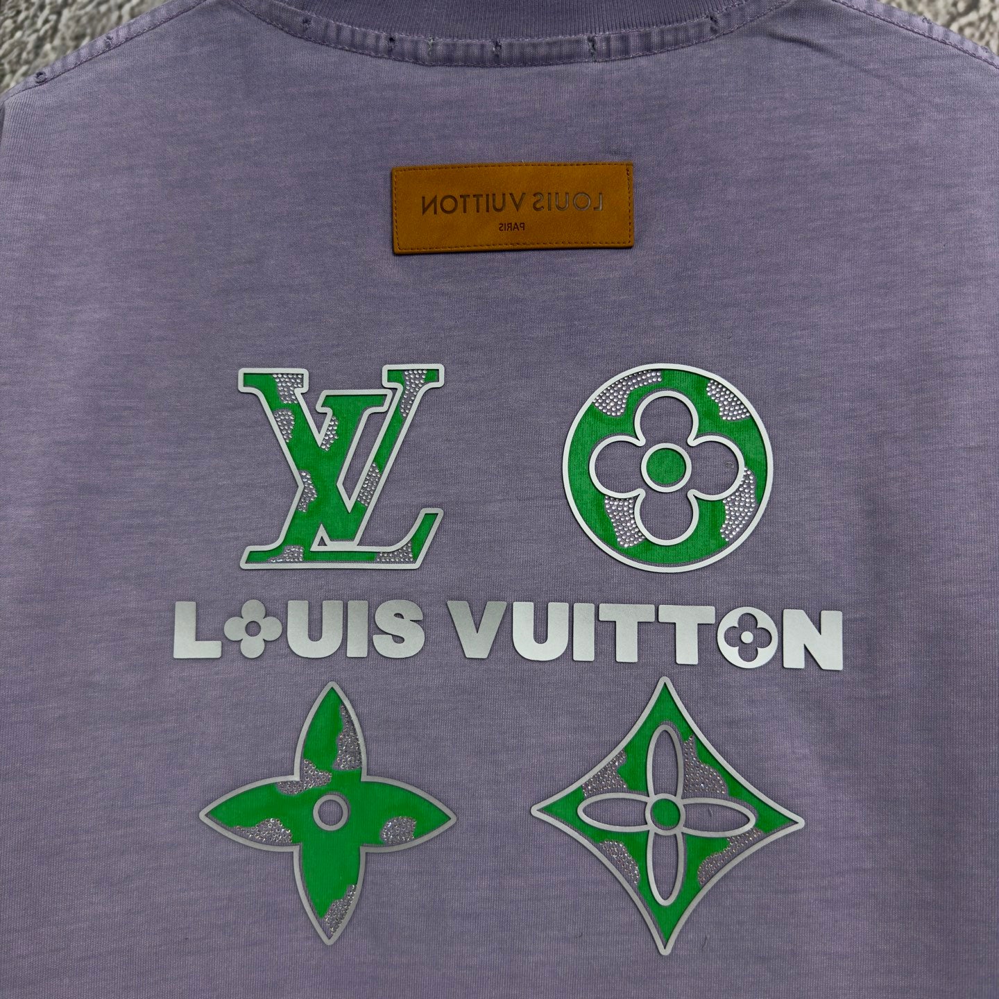 Lavender Louis Vuitton T-shirt with back large green flower and LV print