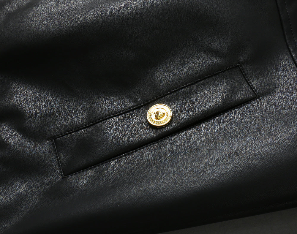 Leather jacket front with gold snap button