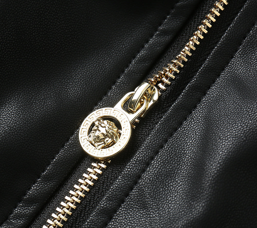 Leather jacket zipper with gold-toned Versace pull