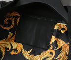 Black leather jacket interior panel with gold and orange baroque fabric and stitched pocket