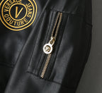 Leather jacket front zip with gold zipper and Versace logo patch