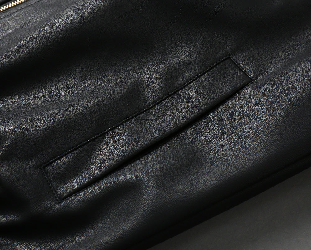 Black leather jacket chest pocket with snap flap