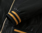Black leather jacket sleeve with gold zipper and ribbed striped cuff