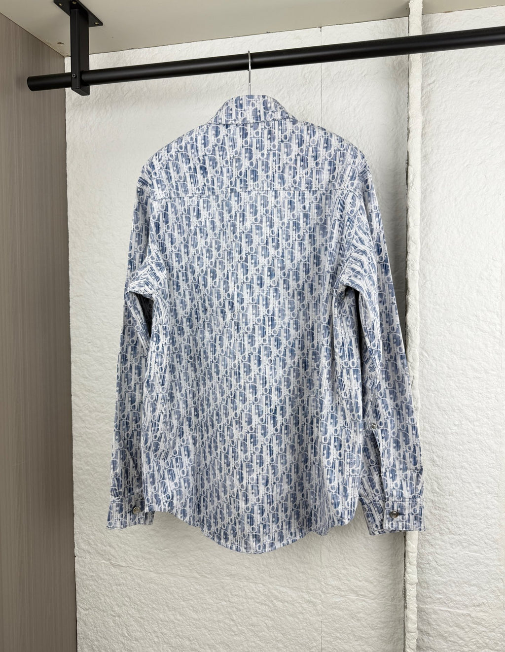 Blue and white Dior monogram button-up shirt, back view, long sleeves