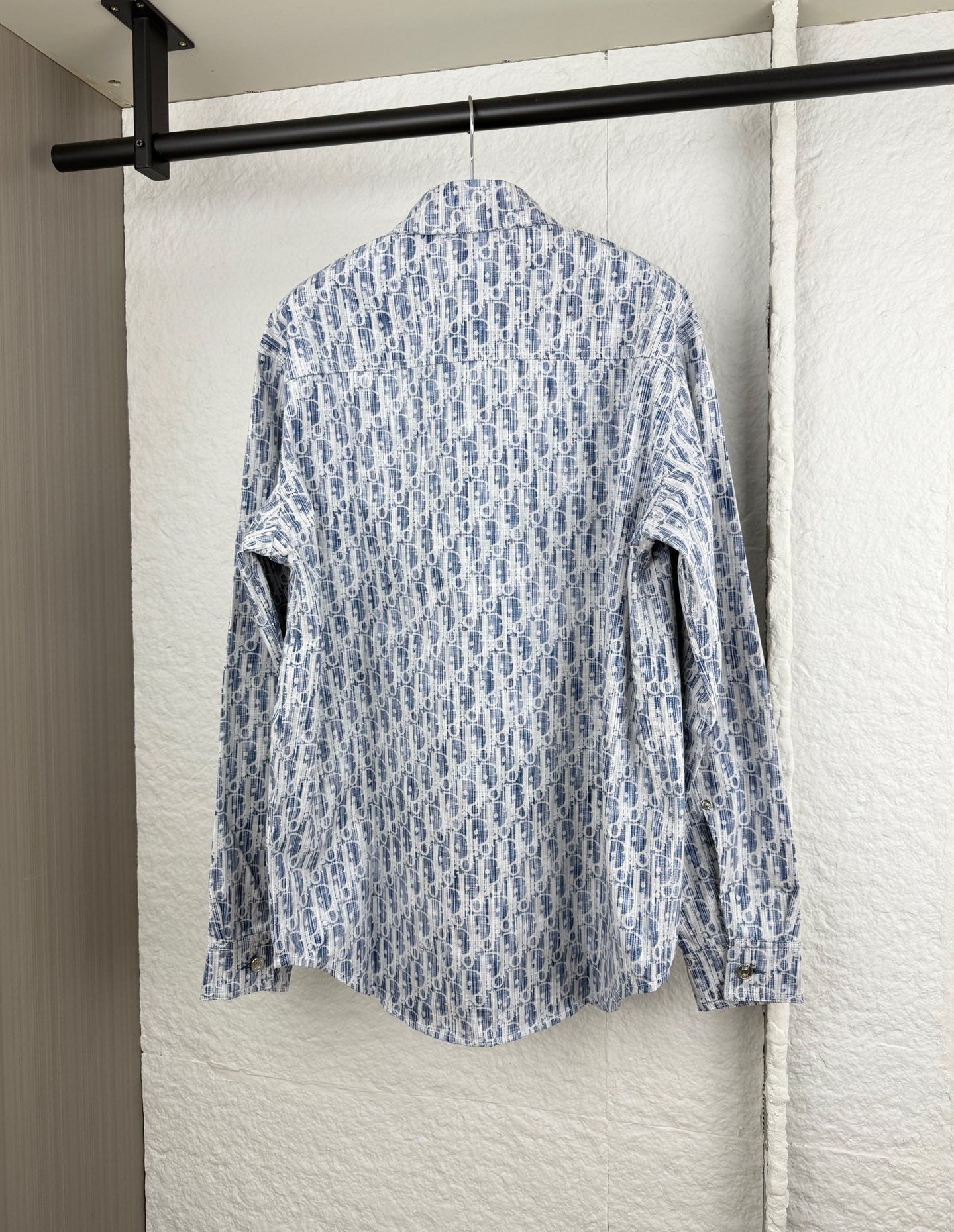 Blue and white Dior monogram button-up shirt, back view, long sleeves