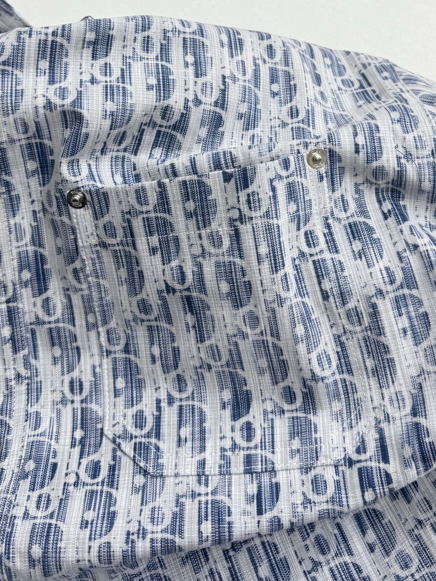 Dior monogram shirt detail with buttons and stitched yoke, blue and white