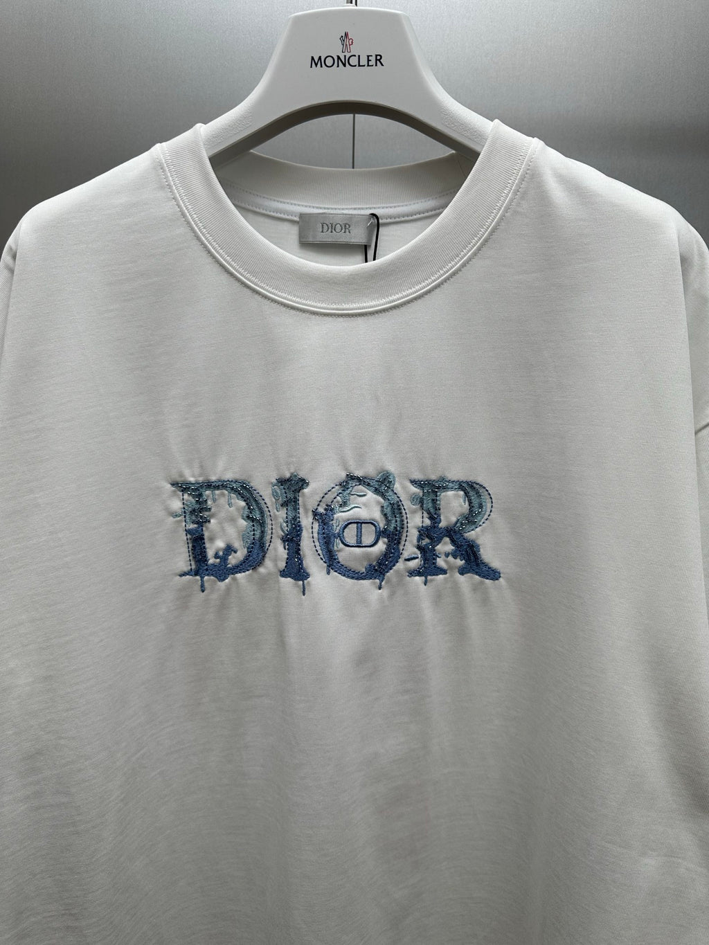 White crewneck T-shirt with blue embroidered-style Dior logo detail