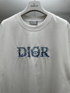 White crewneck T-shirt with blue embroidered-style Dior logo detail
