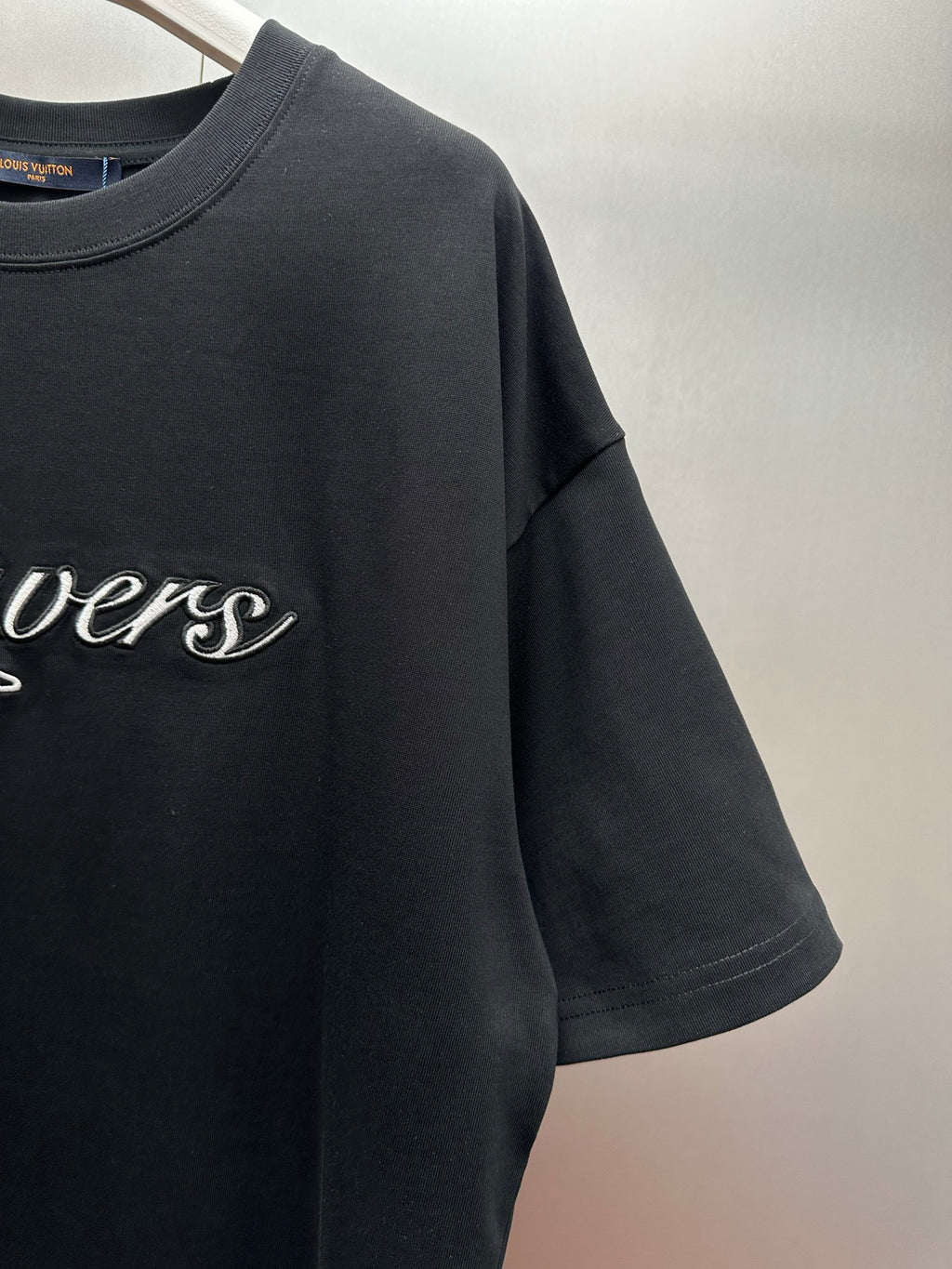 Louis Vuitton graphic T-shirt sleeve and side, dark gray crew neck