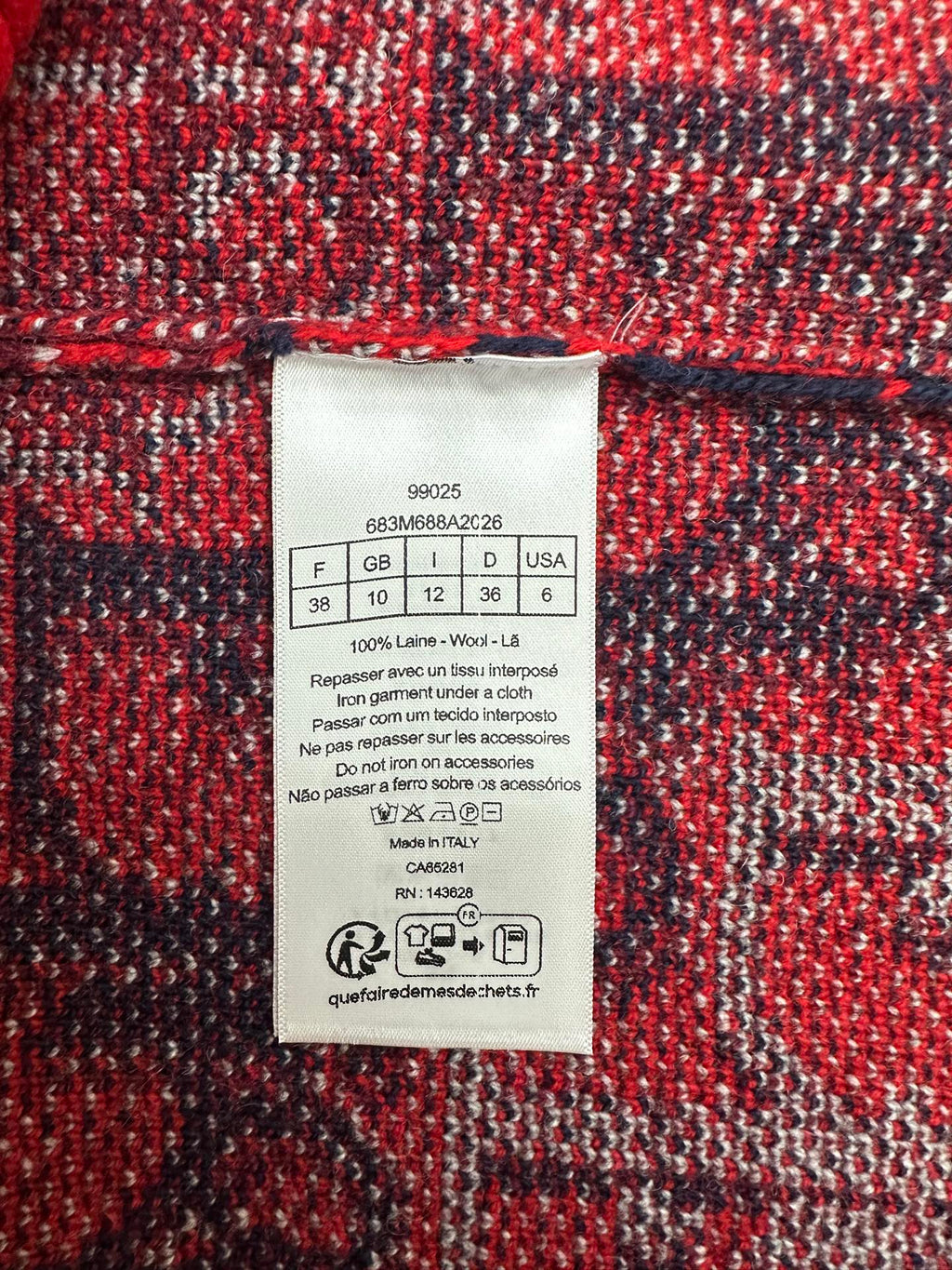 Dior sweater care and size label tag with material and fit information
