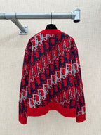 Dior knit sweater with crew neck, red and navy logo pattern, ribbed hem