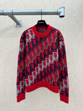 Dior knit sweater in red and navy with allover logo pattern and ribbed collar
