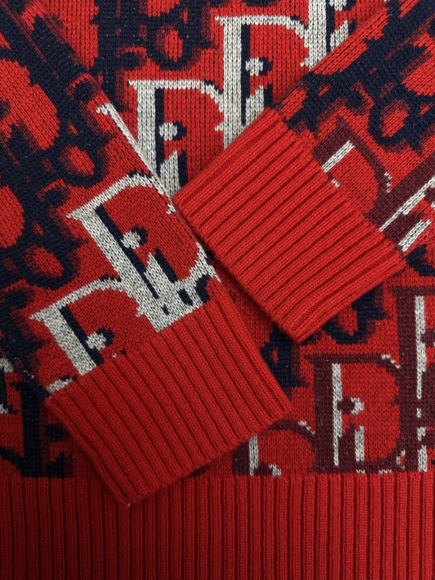 Dior ribbed knit cuffs in red with navy and white logo pattern