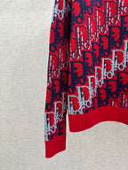 Dior knit sweater sleeve and hem, red and navy logo pattern with ribbed cuff