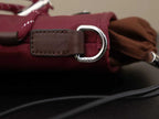 Brown leather strap tab with oval buckle and silver hardware on burgundy bag