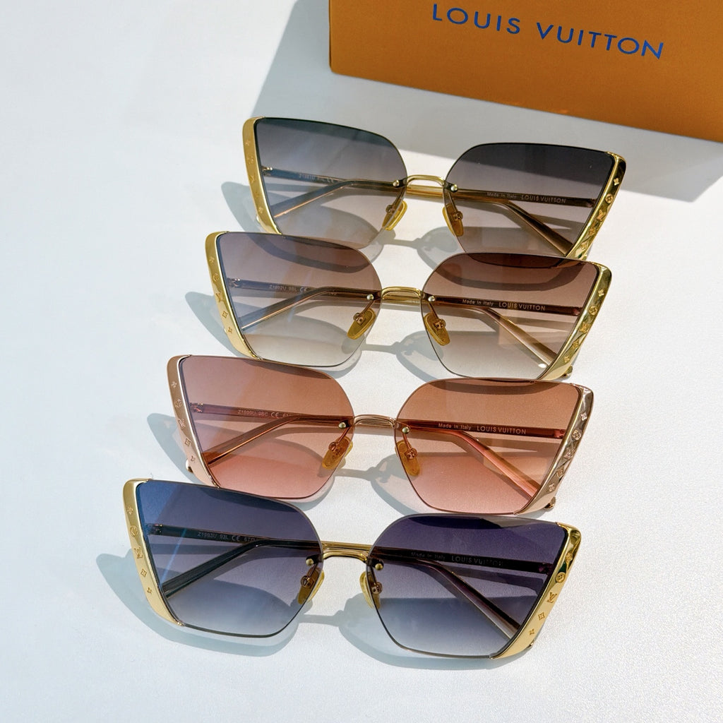 Assorted Louis Vuitton sunglasses with gold frames and gradient lenses in purple and brown