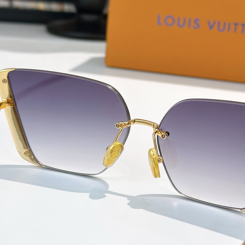 Two pairs of gold-tone Louis Vuitton sunglasses with purple gradient lenses