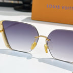 Two pairs of gold-tone Louis Vuitton sunglasses with purple gradient lenses