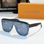 Blue patterned sunglasses with blue lenses and gold-tone rivets