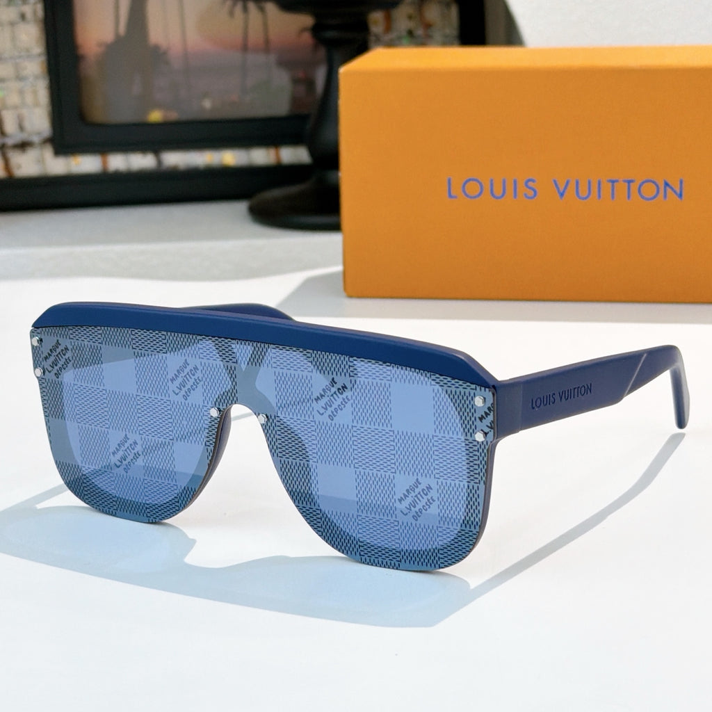 Blue checkered sunglasses with blue lenses and gold-tone rivets