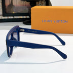 Blue sunglasses with straight temples and protective frame detail