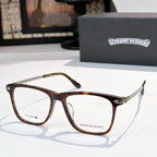 Tortoiseshell and dark eyeglasses with clear lenses, rectangular frames.