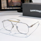 Silver-tone eyeglasses with clear lenses, thin metal frame, textured temple detail.