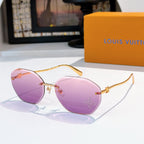Louis Vuitton gold sunglasses with purple lenses, round cat-eye frame