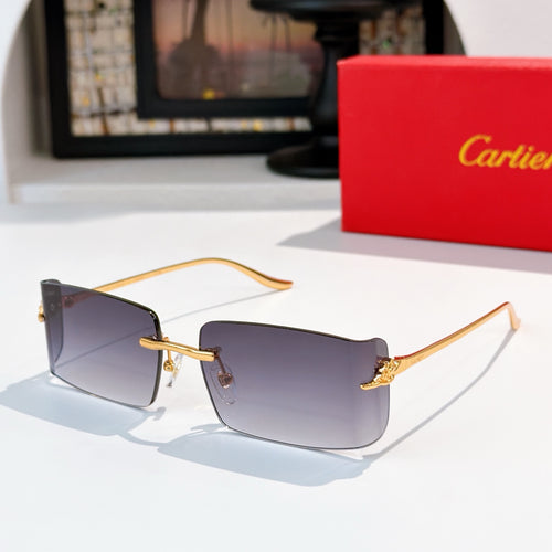 Cartier sunglasses with violet gradient lenses, gold metal frame, rectangular