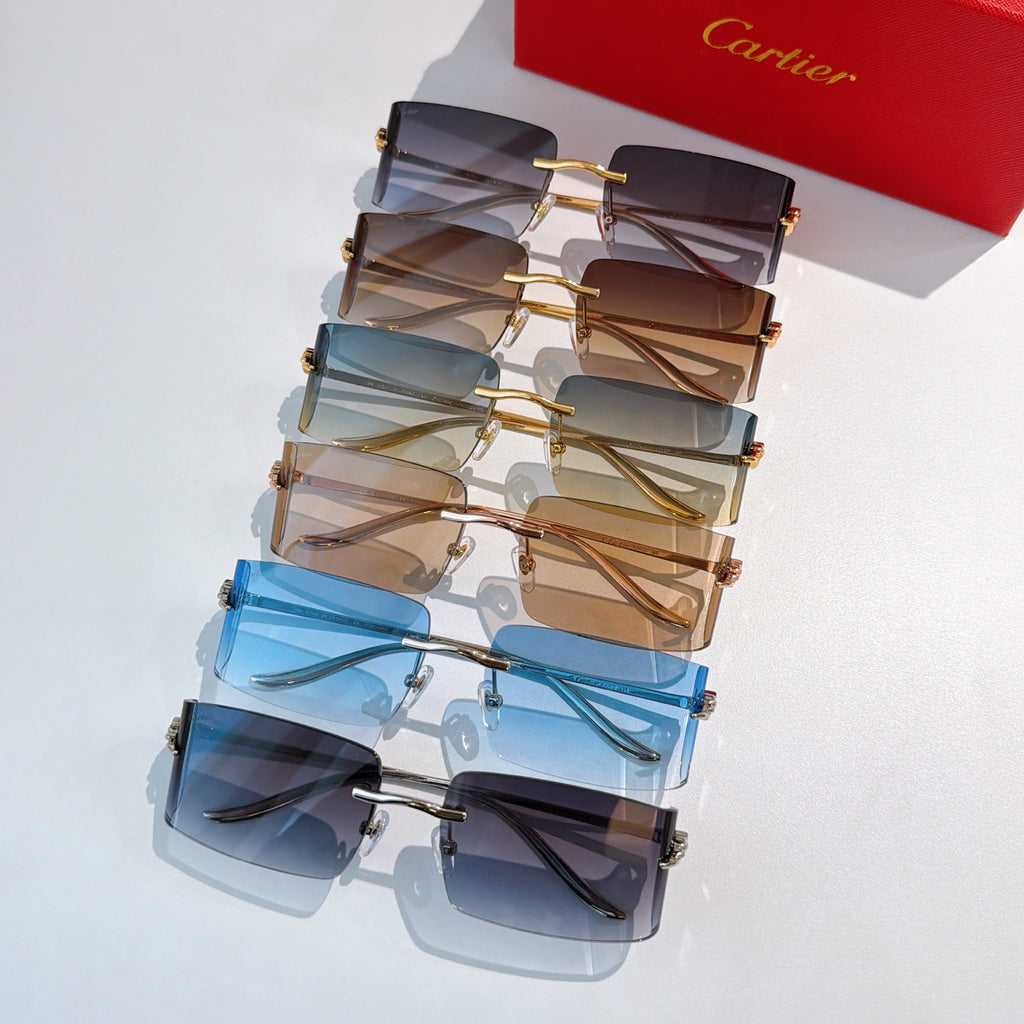 Cartier sunglasses stack with dark brown and blue tinted lenses, metal frames