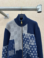 Long-sleeve knit jacket with ribbed collar in navy and gray patchwork and zip front