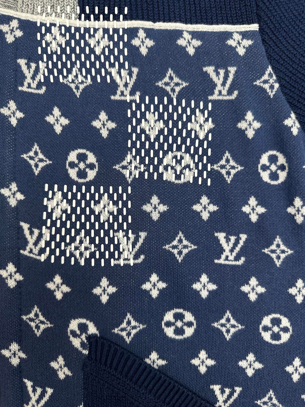 Logo-print panel on navy knit skirted jacket with checker and star accents