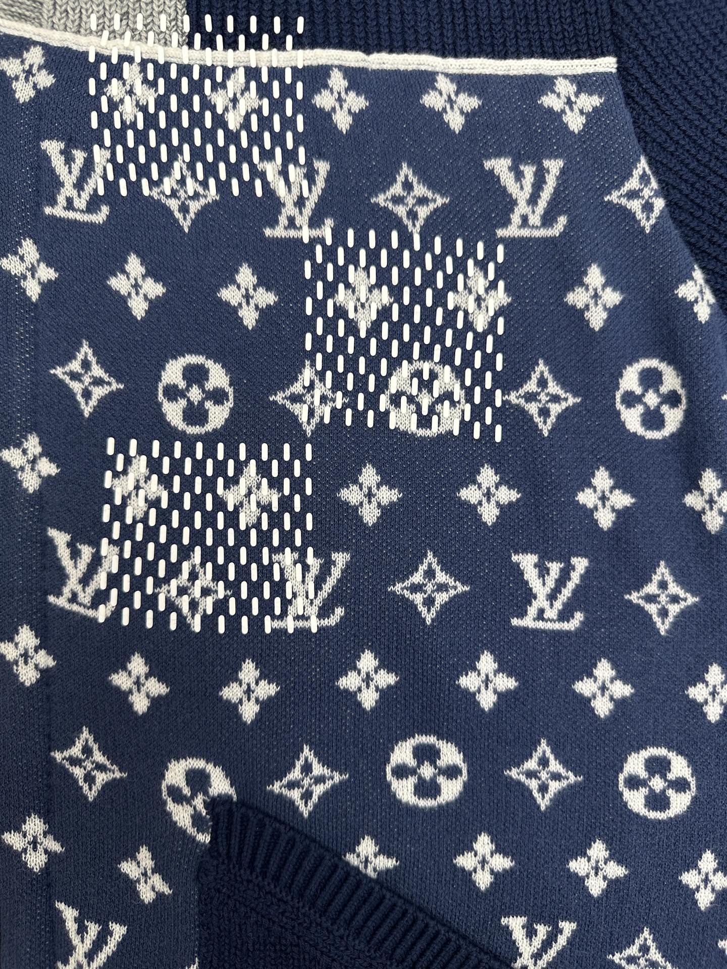 Logo-print panel on navy knit skirted jacket with checker and star accents