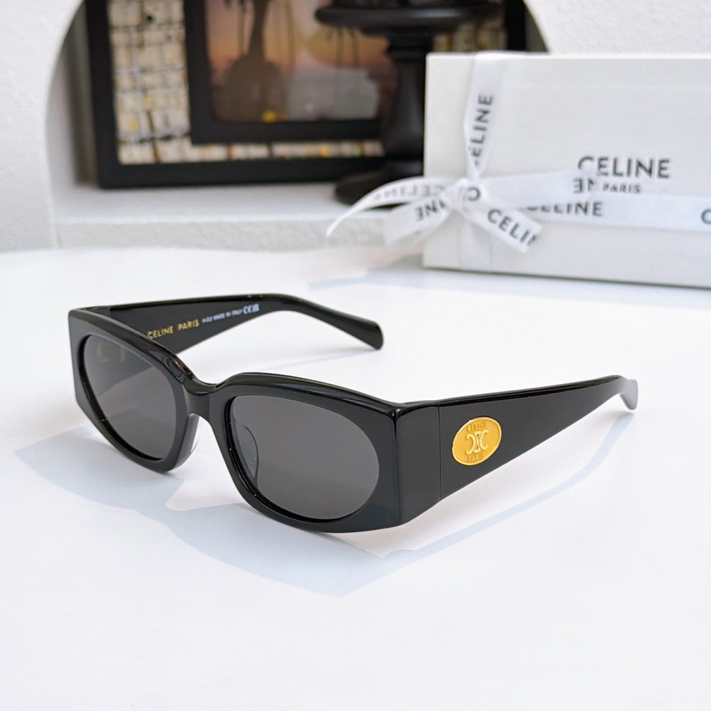 Celine black sunglasses with dark lenses, angled view